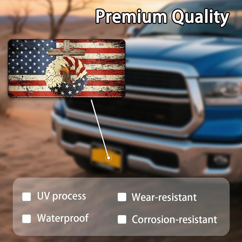 MCIAONE Front License Plate Eagle - American Flag License Plate with Eagle, Aluminum Cross Decorative License Plates Christian Novelty Vanity Tag, Car Decor Accessory with 4 Holes, 6×12 inch Car License Decor - Image 5